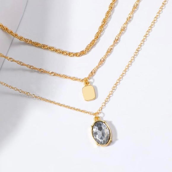 14k gold filled Rhinestone Oval & Square Charm Layered Necklace - Picture 3 of 3